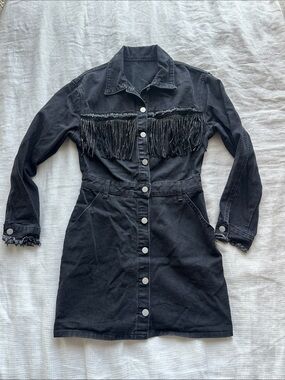 Black Western Fringe Long-Sleeve Denim Dress